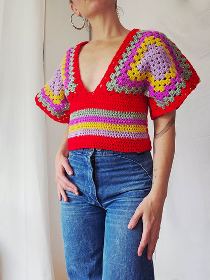Top en crochet granny square rouge