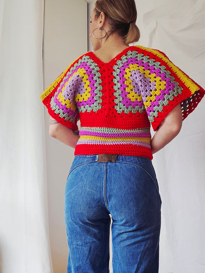 Top en crochet granny square rouge